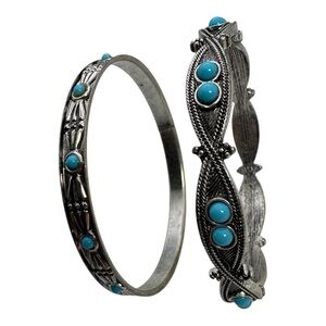 Vintage Silver-Tone Bangle Bracelets w/ Turquoise‎ Bead Accents – Set of 2
